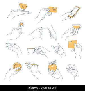 Mains et objets paume humaine tenant des objets parties du corps isolées Illustration de Vecteur