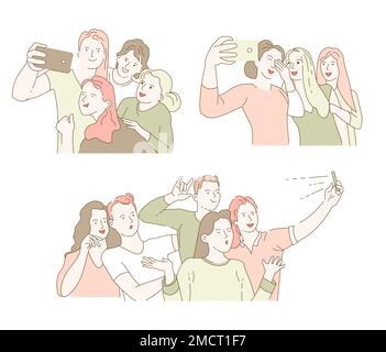 Rencontre de camarades de classe ou rencontre d'amis avec un selfie ou une photo de groupe Illustration de Vecteur