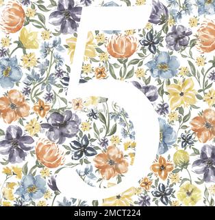 Fleurs sauvages numéros, Clipart florale, Watercolor Meadow fleurs cinq numéros, herbes clip art, lettrage, illustration florale, invitations de mariage Banque D'Images