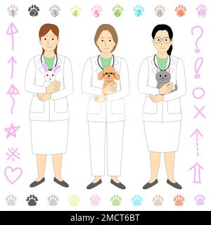 Femmes médecins, vétérinaires tenant un animal, fond blanc, icônes Banque D'Images