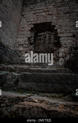 L'escalier et l'entrée des ruines du château de Rudelsburg en Allemagne Banque D'Images