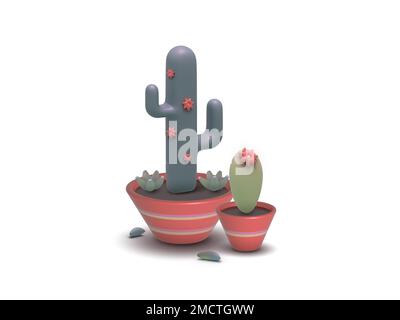 Cactus et succulents en style 3D. Plantes de maison en pots. Banque D'Images