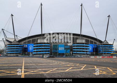 Manchester, Royaume-Uni. 22nd janvier 2023. En dehors du stade Etihad, en amont du match de la Premier League Manchester City contre Wolverhampton Wanderers au Etihad Stadium, Manchester, Royaume-Uni, 22nd janvier 2023 (photo de Conor Molloy/News Images) à Manchester, Royaume-Uni le 1/22/2023. (Photo de Conor Molloy/News Images/Sipa USA) crédit: SIPA USA/Alay Live News Banque D'Images