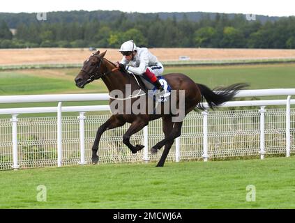 Qatar Goodwood Festival Meeting 26th juillet 2022 à Goodwood Racecourse, Chichester - première journée - Jockey Frankie Dettori manèges Forest Falcon à la victoire dans le Coral Chesterfield Cup handicap Banque D'Images