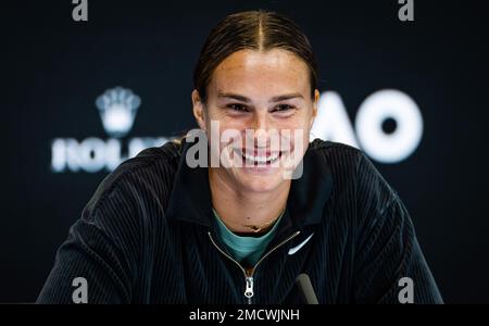 Aryna Sabalenka, du Bélarus, s'entretient avec les médias après le troisième tour de l'Open d'Australie, tournoi de tennis du Grand Chelem 2023 sur 21 janvier 2023 à Melbourne, Australie - photo : Rob Prange/DPPI/LiveMedia Banque D'Images