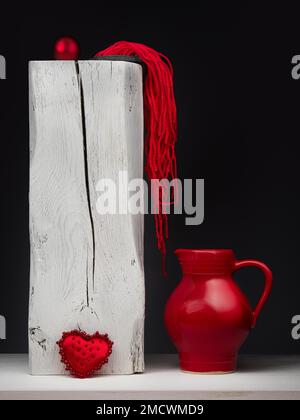 Thème amour, rouge, blanc, encore vie avec pot en céramique rouge, fils de laine, coeur et boule rouge, prise de vue en studio, photo de symbole Banque D'Images
