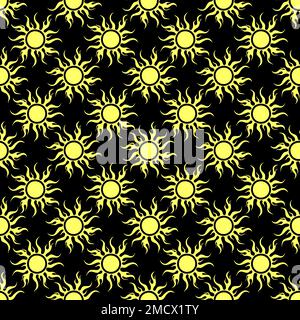 motif graphique symétrique sans couture de soleil jaunes sur fond noir, texture, design Banque D'Images