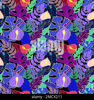 motif coloré et sans couture de feuilles et de fleurs tropicales dans les tons bleu et violet Banque D'Images