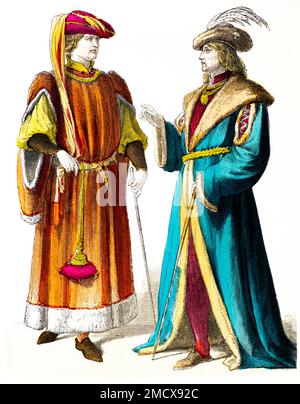 Muenchener Bilderbogen, costumes, 15th siècle, deux nobles français, hommes, France, mode, robes longues, élégant, portrait, illustration historique 1890 Banque D'Images