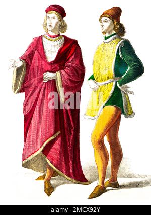 Muenchener Bilderbogen, costumes, première moitié du 15th siècle, deux nobles florentins, Florence, hommes, mode, peignoirs, élégant, portrait, historique Banque D'Images