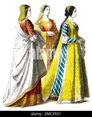 Muenchener Bilderbogen, costumes, 15th siècle, trois nobles florentins, Florence, femme, mode, robes longues, bijoux, élégant, portrait Banque D'Images