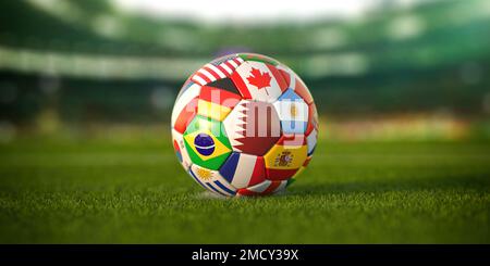 Ballon de football avec drapeaux des pays du monde sur l'herbe de l'arène de football. Coupe du monde au Qatar. 3d illustration Banque D'Images