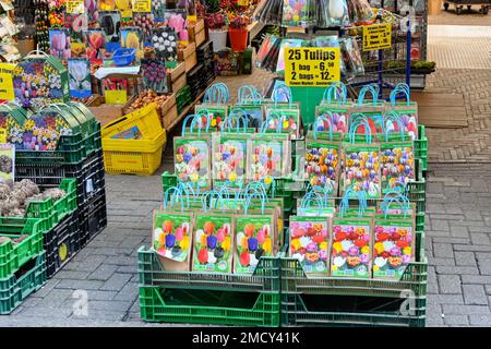 Amsterdam, pays-Bas - août 2022 : sacs de tulipes en vente sur le marché aux fleurs du centre-ville Banque D'Images