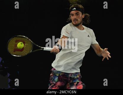 Melbourne, Australie. 22nd janvier 2023. Open d'Australie 2023 Melbourne Park Day 7 22/01/2023 Stefanos Tsitsipas (GRE) remporte le quatrième tour du match crédit: Roger Parker/Alay Live News Banque D'Images