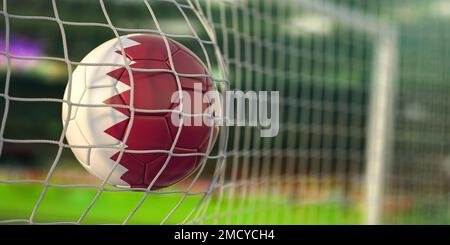 Ballon de football avec drapeau du Qatar dans le net de but du stade de football. Coupe du monde de football au Qatar. 3d illustration Banque D'Images