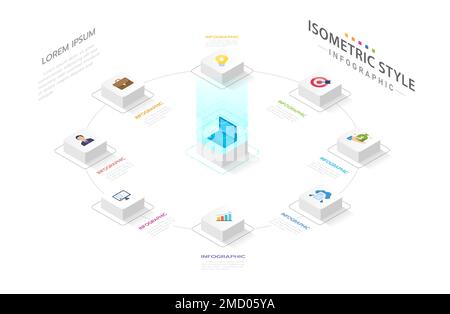 Modèle d'infographie isométrique pour l'entreprise. 8 étapes diagramme de la chronologie moderne dans concept de technologie, image isométrique de présentation infographi Illustration de Vecteur
