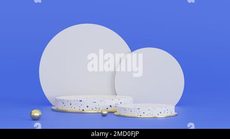 3D rendu cercle blanc Terrazzo Podium avec base cercle d'or fond cercle blanc, fond bleu avec boule d'or pour dessin Banque D'Images