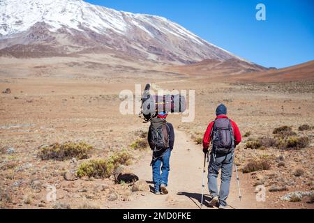 Un porteur transportant une lourde charge sur sa tête sur le chemin de la montagne Kilimandjaro. Tanzanie. Banque D'Images