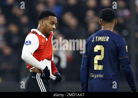 ROTTERDAM - (LR) Bois de quinten de Feyenoord, Bois de Jurrien d'Ajax pendant le match de première ligue néerlandais entre Feyenoord et Ajax à Feyenoord Stadion de Kuip on 22 janvier 2023 à Rotterdam, pays-Bas. ANP MAURICE VAN STONE Banque D'Images