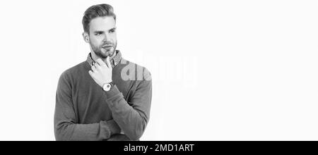 son propre style. hommes tendance avec montre de poignet isolée sur blanc. accessoire de mode pour hommes. temps. Portrait de visage d'homme, bannière avec espace de copie. Banque D'Images