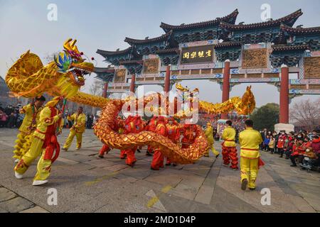 Fuyang, Chine. 22nd janvier 2023. Les interprètes se produisent lors d'une danse traditionnelle chinoise à Fuyang, qui est une célébration commune pour le nouvel an lunaire chinois. Crédit : SOPA Images Limited/Alamy Live News Banque D'Images