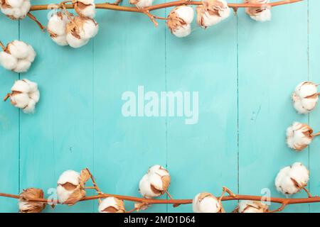 fleurs de coton sur des planches de bois peintes en bleu. Modèle d'invitation à un mariage Banque D'Images