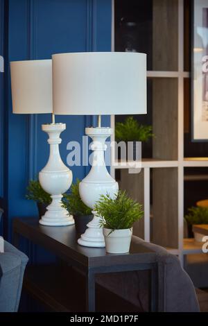 Décoration intérieure. Deux grandes lampes de table blanches avec de grands abat-jour dans un intérieur sombre. Verticale. Banque D'Images