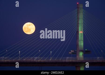 Pleine lune au-dessus du pont Mersey Gateway Bridge la nuit, rivière Mersey, Runcorn, Cheshire, Angleterre, ROYAUME-UNI Banque D'Images