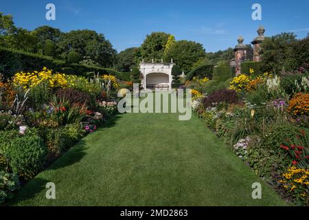 The double Herbaceous Borders en été, Arley Hall & Gardens, Arley, Cheshire, Angleterre, Royaume-Uni Banque D'Images