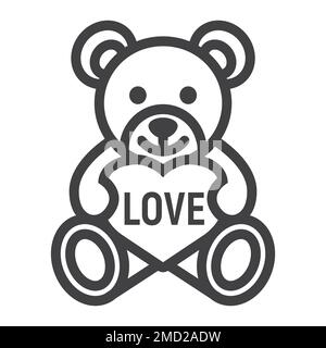 Ours en peluche avec icône de ligne de coeur, Saint Valentin et romantique, signe de jouet graphiques vectoriels, un motif linéaire sur un fond blanc, eps 10. Illustration de Vecteur
