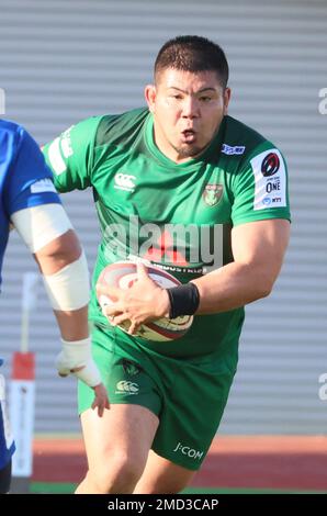 Sagamihara, Japon. 22nd janvier 2023. Mitsubishi Heavy Industries Sagamihara Dynaboars prop Naoki Kawamata porte le ballon lors de la Ligue japonaise de rugby un match contre Shizuoka BlueRefs à Sagamihara, suburTokyo, dimanche, 22 janvier 2023. Dynaboars et BlueRevs ont dessiné le jeu 27-27. Credit: Yoshio Tsunoda/AFLO/Alay Live News Banque D'Images