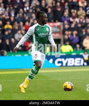 Édimbourg, Royaume-Uni. 22nd janvier 2023. Coupe écossaise - Hibernian FC v Heart of Midlothian FC 22/1/2023. Edinburgh derby comme hibernien hôte au coeur de Midlothian dans le quatrième tour de la coupe écossaise au Easter Road Stadium, Edimbourg, Midlothian, Royaume-Uni. Pic montre: HibsÕ avant français, Elie Youan. Crédit : Ian Jacobs/Alay Live News Banque D'Images