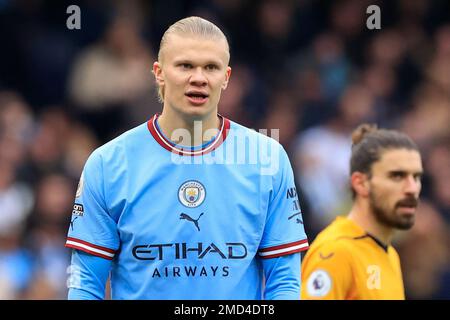 Manchester, Royaume-Uni. 22nd janvier 2023. Erling Haaland #9 de Manchester City pendant le match de Premier League Manchester City contre Wolverhampton Wanderers au Etihad Stadium, Manchester, Royaume-Uni, 22nd janvier 2023 (photo de Conor Molloy/News Images) à Manchester, Royaume-Uni le 1/22/2023. (Photo de Conor Molloy/News Images/Sipa USA) crédit: SIPA USA/Alay Live News Banque D'Images