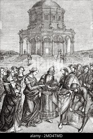 Le mariage de la Vierge Marie. Los Sposalizio est une peinture à l'huile de l'artiste italien de la haute Renaissance Raphaël. Achevé en 1504 pour l'église franciscaine de San Francesco, Città di Castello, le tableau représente une cérémonie de mariage entre Marie et Joseph. Les arts du Moyen-âge et à la période de la Renaissance par Paul Lacroix, 1874 Banque D'Images