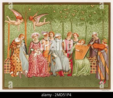 Le rêve de la vie. Costume italien du 14th siècle. Fresque peinte par Orcagna dans les cloîtres du Campo Santo de Pise, Italie. Les arts du Moyen-âge et à la période de la Renaissance par Paul Lacroix, 1874 Banque D'Images