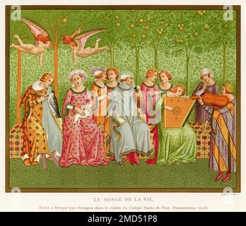 Le rêve de la vie. Costume italien du 14th siècle. Fresque peinte par Orcagna dans les cloîtres du Campo Santo de Pise, Italie. Les arts du Moyen-âge et à la période de la Renaissance par Paul Lacroix, 1874 Banque D'Images