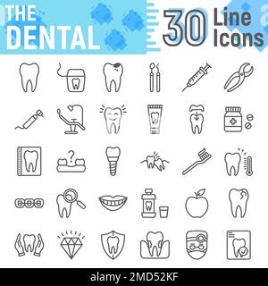 Jeu d'icônes de ligne dentaire, collection de symboles Stomatology, croquis vectoriels, illustrations de logo, paquet de pictogrammes linéaires de signes de clinique dentaire isolé sur fond blanc, eps 10. Illustration de Vecteur