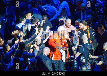28-11-2015 Düsseldorf Allemagne. Le nouveau champion du monde de boxe Tyson Fury est de retour après avoir gagné dans le ring sous Wladimir Klitschko. À côté de Tyson est son W Banque D'Images
