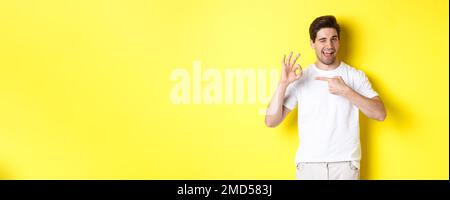 Image de beau jeune homme approuver quelque chose, montrant le bon signe et wencing, debout sur fond jaune Banque D'Images