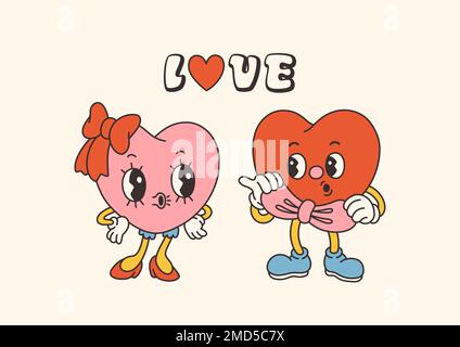 Personnages rétro de Groovy Valentines Day avec des slogans sur l'amour. Style de dessin animé tendance 70s. Carte, carte postale, vecteur d'impression Illustration de Vecteur