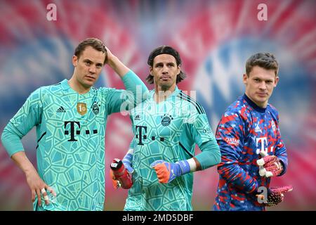 Munich, Allemagne. 22nd janvier 2023. MONTAGE PHOTO: FC Bayern Munich et ses gardiens de but: De gauche: Manuel NEUER (goalwart FC Bayern Munich), goalwart Yann SOMMER (FC Bayern Munich) et le lauréat Alexander NUEBEL. Football 1. Bundesliga ? Credit: dpa/Alay Live News Banque D'Images
