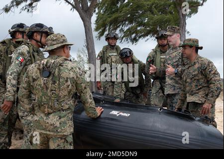 220713-N-XL376-1015 STATION PNEUMATIQUE À SOUFFLETS, Hawaï (13 juillet 2022) – États-Unis Le capitaine du corps maritime Connor W. Smithson (deuxième à partir de la droite), affecté au 1st Bataillon de reconnaissance, forme les Marines d'infanterie navale mexicaines à bord d'un raiseau de combat en caoutchouc pendant la Rim of the Pacific (RIMPAC) 2022, 13 juillet. Vingt-six nations, 38 navires, quatre sous-marins, plus de 170 avions et 25 000 membres du personnel participent au programme RIMPAC de 29 juin au 4 août dans les îles hawaïennes et dans le sud de la Californie. Le plus grand exercice maritime international au monde, RIMPAC offre une occasion unique de formation Banque D'Images