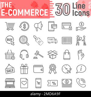 Jeu d'icônes de ligne de commerce électronique, collection de symboles de boutique en ligne, croquis vectoriels, illustrations de logo, paquet de pictogrammes linéaires de panneaux de shopping sur Internet isolé sur fond blanc, eps 10. Illustration de Vecteur