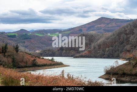 Une vue sur un beau lac entouré de montagnes couvertes de fougères rouges. Banque D'Images