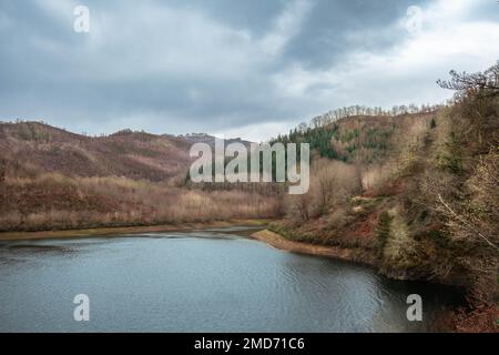 Une vue sur un beau lac entouré de montagnes couvertes de fougères rouges. Banque D'Images