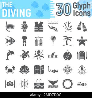 Jeu d'icônes de glyphes de plongée sous-marine, collection de symboles sous-marins, croquis vectoriels, illustrations de logos, paquet de pictogrammes pleins de signes de mer isolés sur fond blanc, eps 10. Illustration de Vecteur