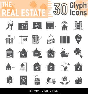 Real Estate glyphe Icon Set, collection de symboles d'accueil, croquis vectoriels, illustrations de logo, panneaux de construction paquet de pictogrammes solides isolés sur fond blanc, eps 10. Illustration de Vecteur