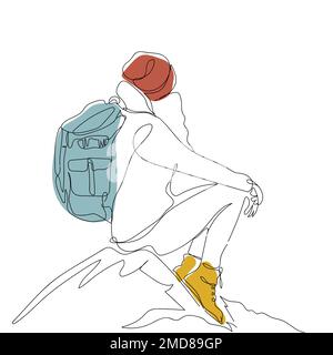 Voyage fille dans le chapeau assis sur la falaise randonnée montagne avec sac à dos continu une ligne dessin dans les bottes Illustration de Vecteur