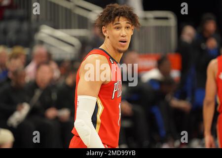 Orlando, Floride, États-Unis, 20 janvier 2023, La Nouvelle-Orléans Pelicans centre Jaxson Hayes #10 pendant la première moitié au centre Amway. (Crédit photo : Marty Jean-Louis) Banque D'Images