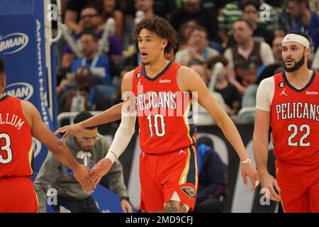 Orlando, Floride, États-Unis, 20 janvier 2023, La Nouvelle-Orléans Pelicans centre Jaxson Hayes #10 pendant la première moitié au centre Amway. (Crédit photo : Marty Jean-Louis) Banque D'Images